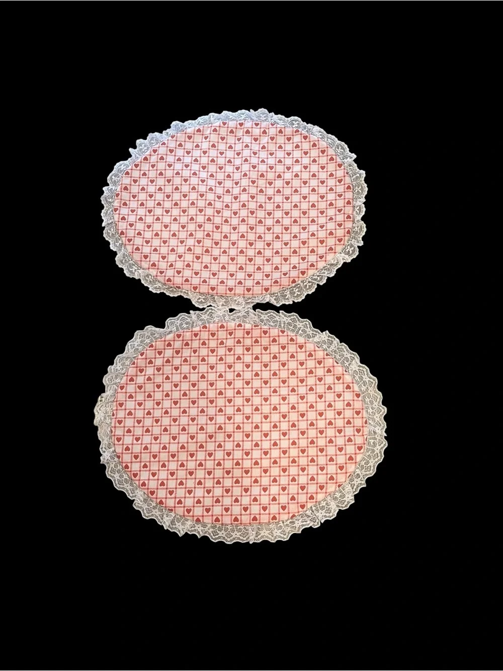 Red White Checkered Gingham Hearts Fabric Oval Placemats Lace Trim - Set of 4